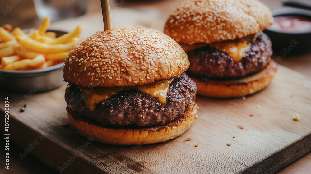 Juicy beef and cheese burger on brioche bun in a cozy warm burger joint setting Juicy beef and cheese burger on brioche bun in a cozy warm burger joint setting