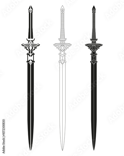 Sword line art set. Ancient Longsword. Saber. Blade Tattoo. Vector illustration isolated on white background.