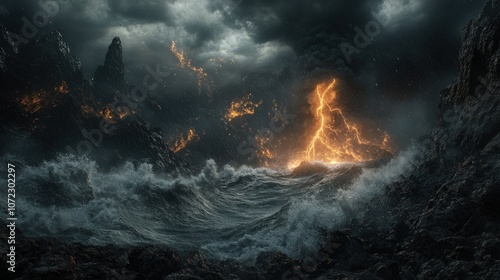 Dramatic stormy seascape with a fiery volcanic eruption in the background.