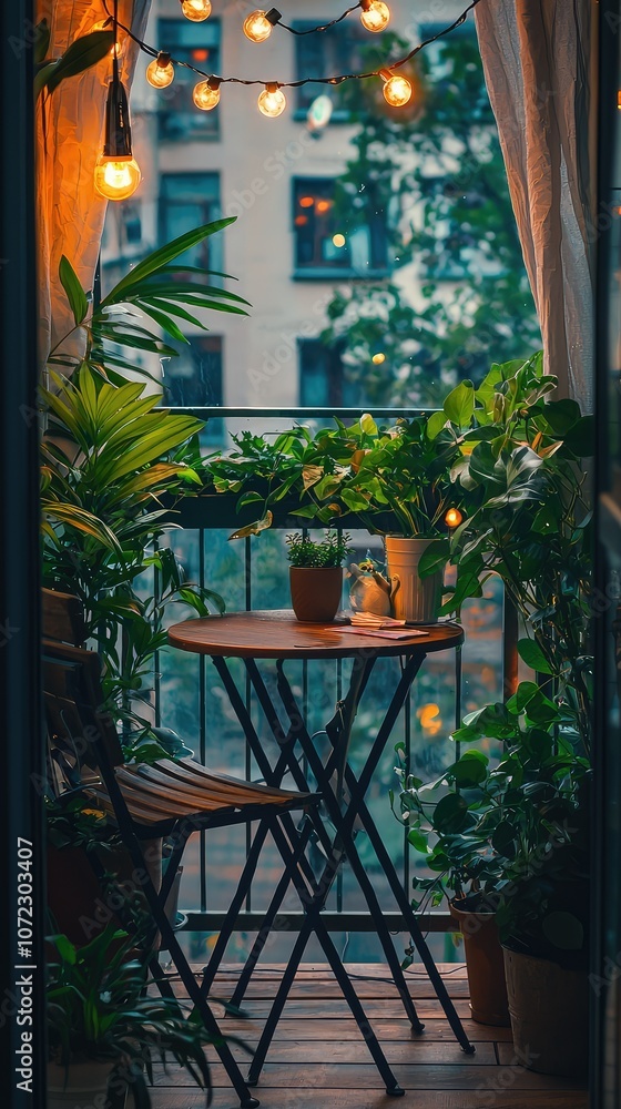 Fototapeta premium Cozy Balcony Oasis with Bistro Table and Plants