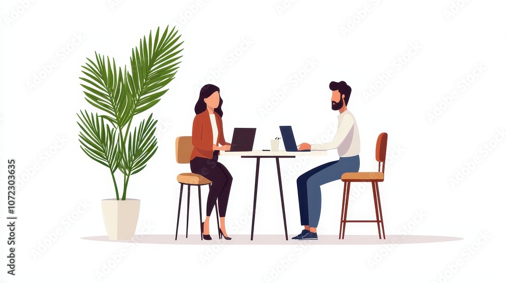 Two Professionals Engaged in a Productive Meeting at a Modern Workspace with Laptops and a Potted Plant, Symbolizing Collaboration and Innovation Two Professionals Engaged in a Productive Meeting at a Modern Workspace with Laptops and a Potted Plant, Symbolizing Collaboration and Innovation