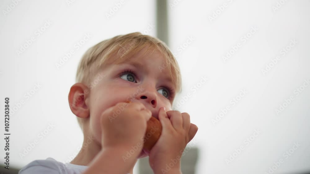 A young child is captured holding a snack near their mouth, seemingly pausing mid-bite while glancing around with curiosity A young child is captured holding a snack near their mouth, seemingly pausing mid-bite while glancing around with curiosity