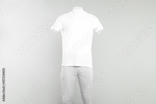 Male mannequin with stylish outfit on light background