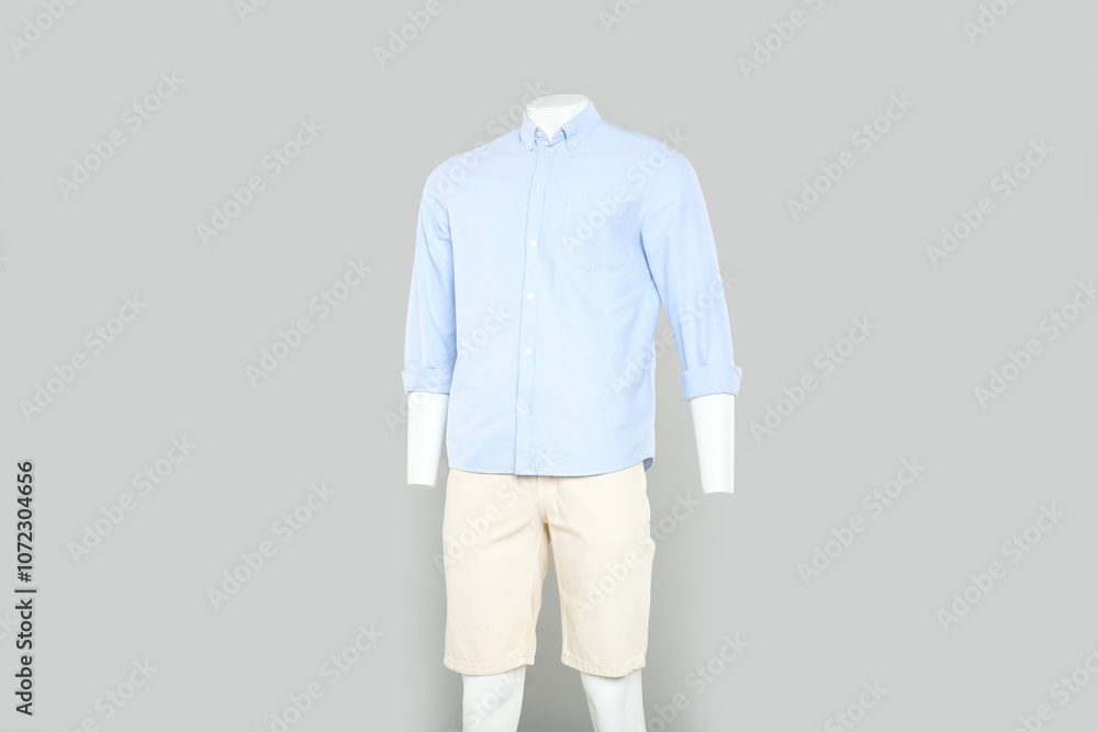 Male mannequin with stylish outfit on light grey background Male mannequin with stylish outfit on light grey background