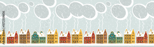 Horizontal seamless pattern. Repeatable winter landscape with cute colored houses, clouds in the sky on a snow-covered street. Decorative vector illustration in cartoon style