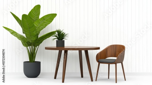 Modern minimalist interior design featuring a wooden table, stylish chair, vibrant greenery, and decorative plant pots against a textured white wall