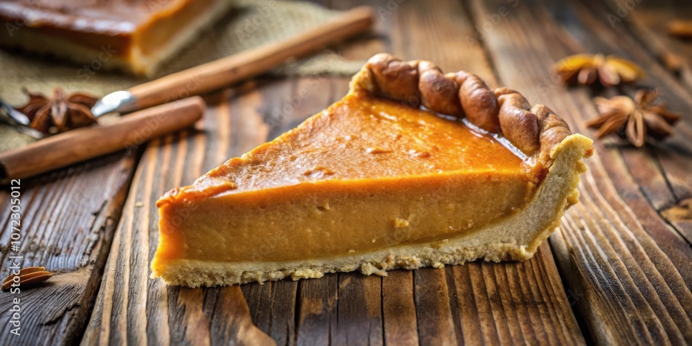 A single slice of pumpkin pie sits on a rustic wooden table, accompanied by star anise and rustic decor. A single slice of pumpkin pie sits on a rustic wooden table, accompanied by star anise and rustic decor.