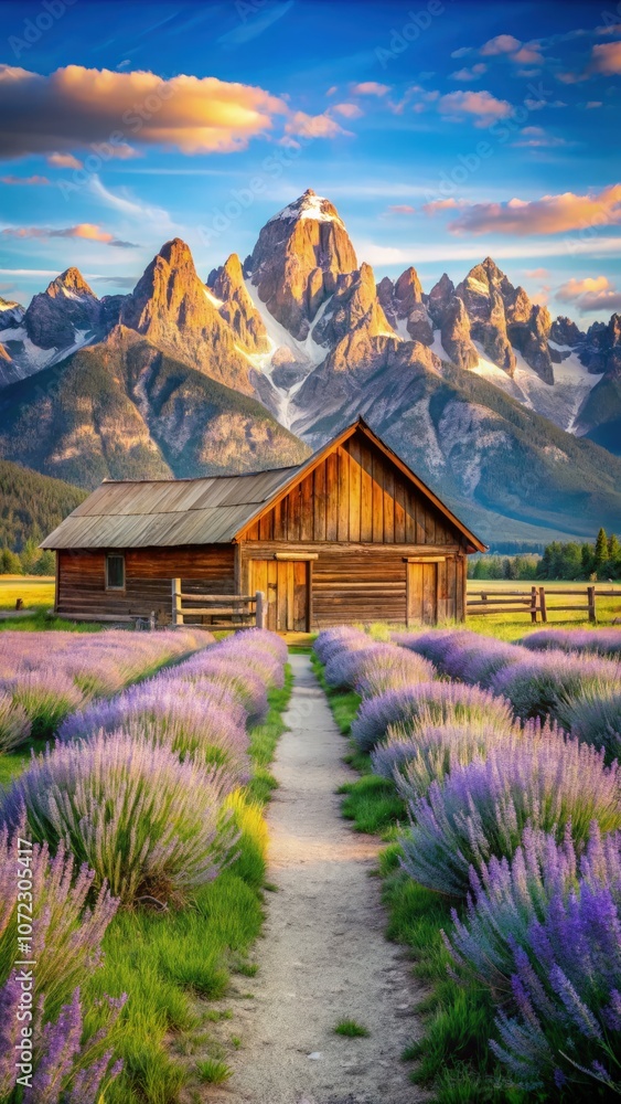 A cozy cabin in a vibrant meadow surrounded by majestic mountains at sunset. Generative AI A cozy cabin in a vibrant meadow surrounded by majestic mountains at sunset. Generative AI