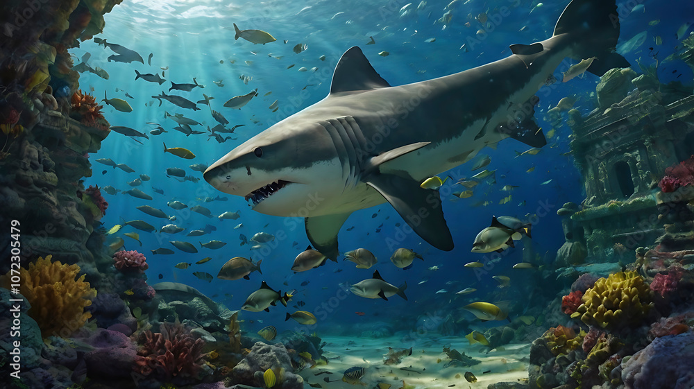 Obraz premium Majestic Megalodon in Atlantis Lost City Surrounded by Sharks