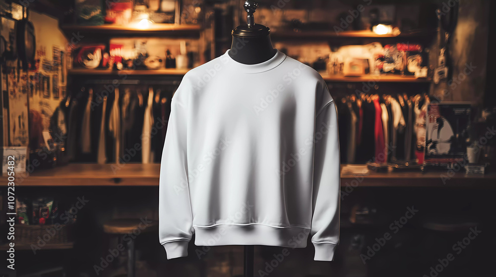 Obraz premium A white sweatshirt displayed on a mannequin in a retro clothing store with warm lighting
