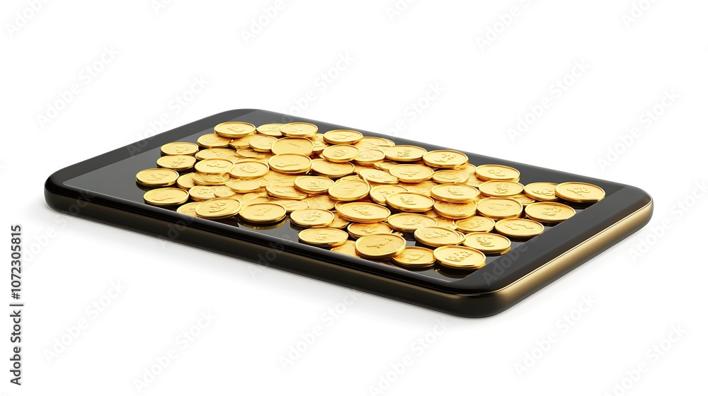 A smartphone displaying a pile of shiny gold coins, symbolizing wealth and digital currency. A smartphone displaying a pile of shiny gold coins, symbolizing wealth and digital currency.