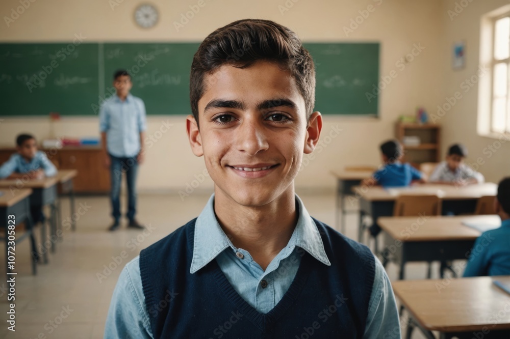 Close portrait of a smiling young Iraqi male elegant primary school teacher standing and looking at the camera, indoors almost empty classroom blurred background Close portrait of a smiling young Iraqi male elegant primary school teacher standing and looking at the camera, indoors almost empty classroom blurred background