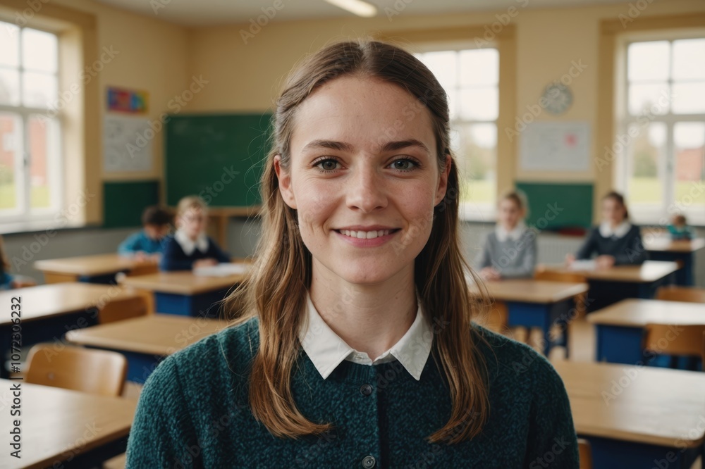 Close portrait of a smiling young Irish female elegant primary school teacher standing and looking at the camera, indoors almost empty classroom blurred background Close portrait of a smiling young Irish female elegant primary school teacher standing and looking at the camera, indoors almost empty classroom blurred background