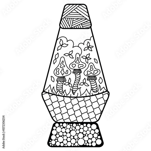 Antistress coloring page, lava lamp with mushrooms and bushes