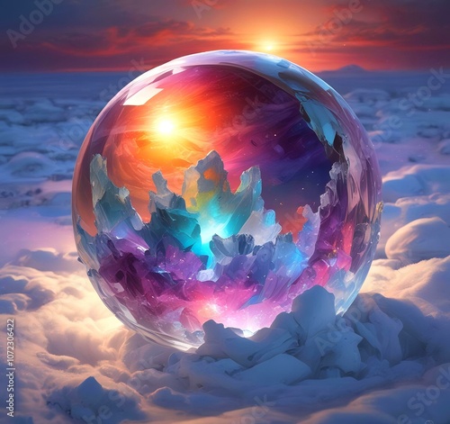 Illustration of colored mineral stone in frozen ball. photo