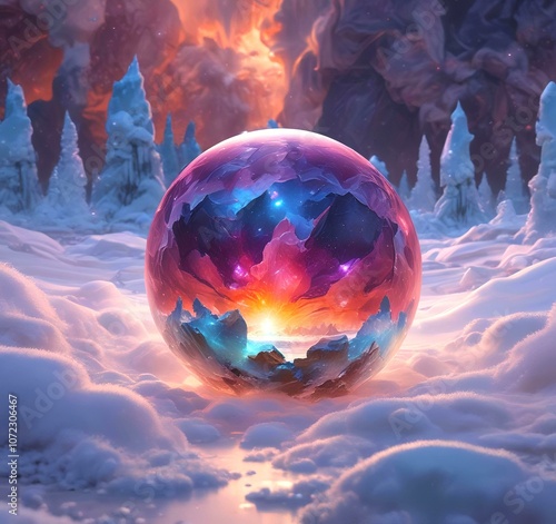 Illustration of colored mineral stone in frozen ball. photo