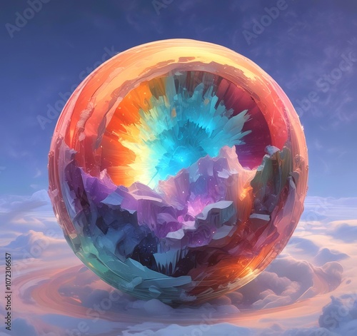 Illustration of colored mineral stone in frozen ball. photo