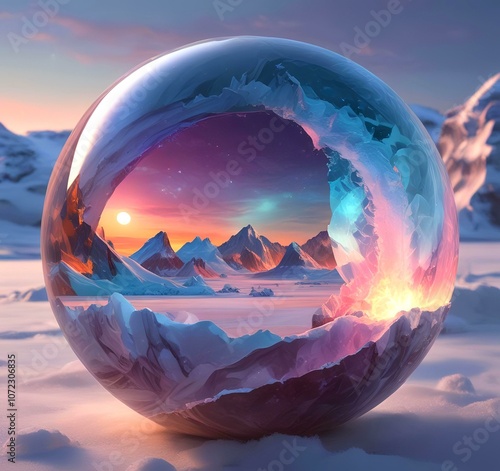 Illustration of colored mineral stone in frozen ball. photo