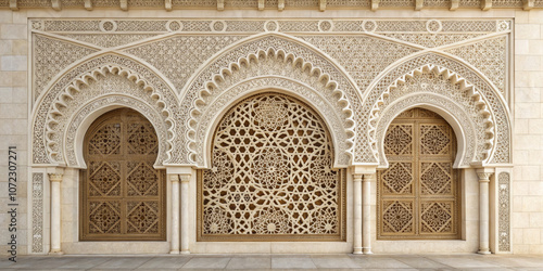 Symmetrical view of ornate wall backdrop with intricate arches