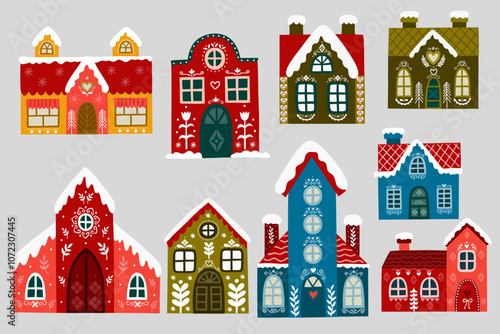 Set of Christmas houses vector flat illustration.