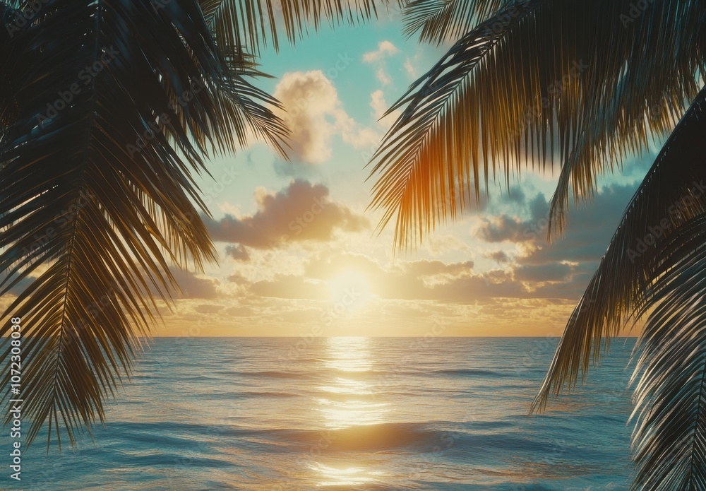 Fototapeta premium Sunset Over Caribbean Sea with Palm Trees