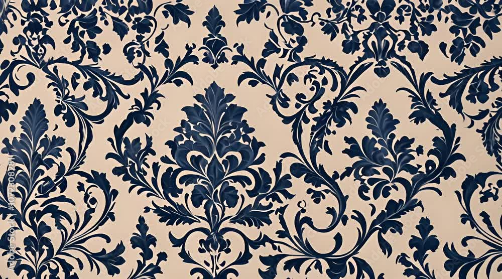 Royal blue luxurious damask pattern with ornate floral designs on ivory background Royal blue luxurious damask pattern with ornate floral designs on ivory background