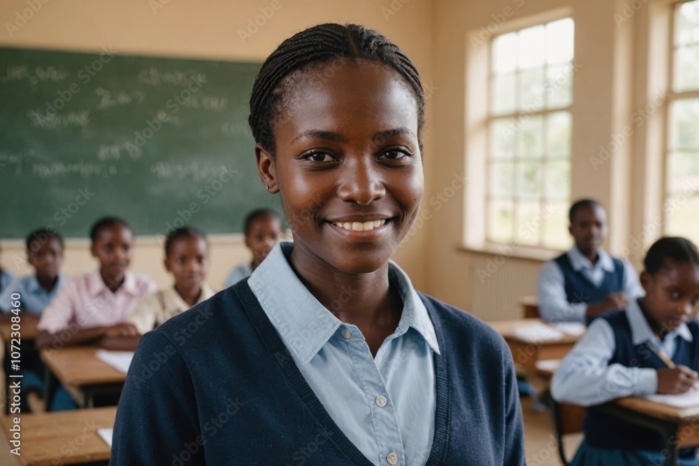 Close portrait of a smiling young Kenyan female elegant primary school teacher standing and looking at the camera, indoors almost empty classroom blurred background Close portrait of a smiling young Kenyan female elegant primary school teacher standing and looking at the camera, indoors almost empty classroom blurred background