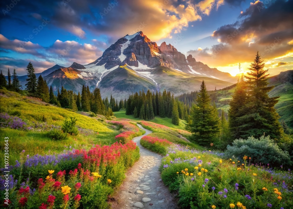 Fototapeta premium Scenic Portrait of a Winding Path Leading to a Majestic Mountain Top Surrounded by Lush Greenery and Vibrant Wildflowers Under a Bright Blue Sky