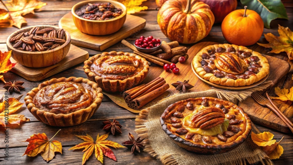A Rustic Autumnal Table Setting with Homemade Pies and Pecans, Surrounded by Warm Fall Colors and Textures A Rustic Autumnal Table Setting with Homemade Pies and Pecans, Surrounded by Warm Fall Colors and Textures