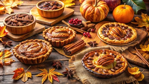 A Rustic Autumnal Table Setting with Homemade Pies and Pecans, Surrounded by Warm Fall Colors and Textures