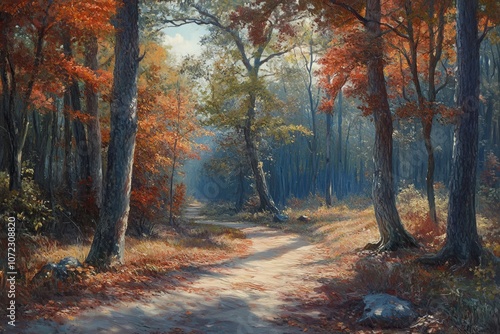 Autumn Pathway Through Dense Woodland with Sunlight