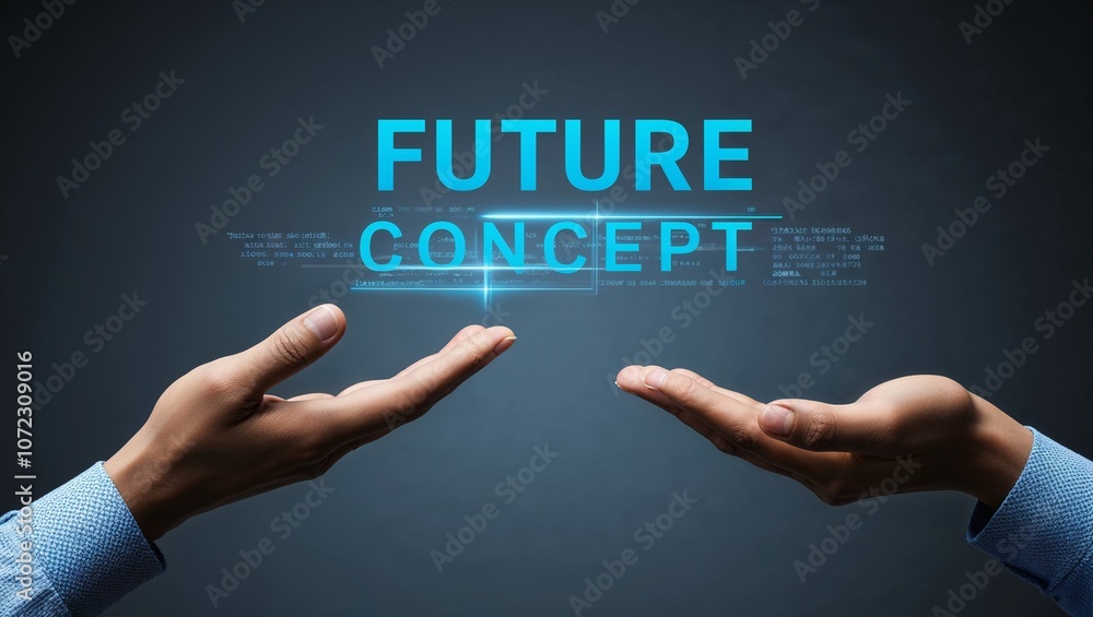 Future Concept, Opened Hand Controling Text with Blue Digital Graphic Future Concept, Opened Hand Controling Text with Blue Digital Graphic