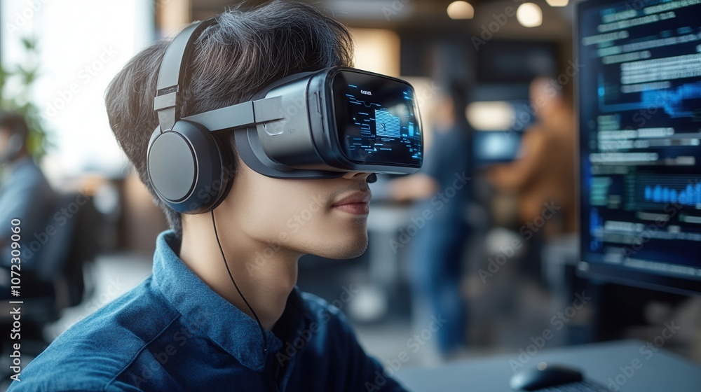 A young person immersed in virtual reality, wearing a VR headset and headphones, engaged in a digital experience. A young person immersed in virtual reality, wearing a VR headset and headphones, engaged in a digital experience.