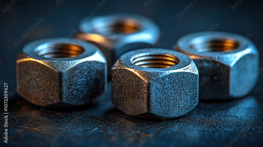 Metal nuts arranged on dark surface Metal nuts arranged on dark surface