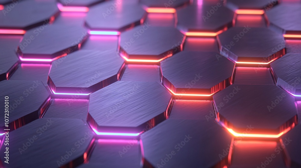 Metallic Hexagonal Grid with Neon Glow Effect Metallic Hexagonal Grid with Neon Glow Effect