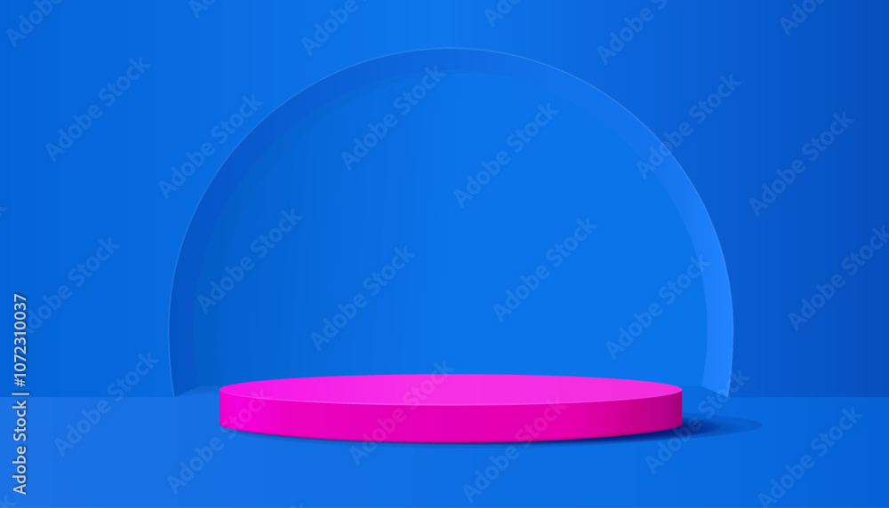 Empty podium scene realistic pink isolated on blue gradient background. 3d studio showcase. Room with round stage on floor and bright wall. Vector illustration. Empty podium scene realistic pink isolated on blue gradient background. 3d studio showcase. Room with round stage on floor and bright wall. Vector illustration.