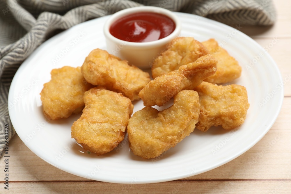 Delicious chicken nuggets and ketchup on wooden table, closeup Delicious chicken nuggets and ketchup on wooden table, closeup