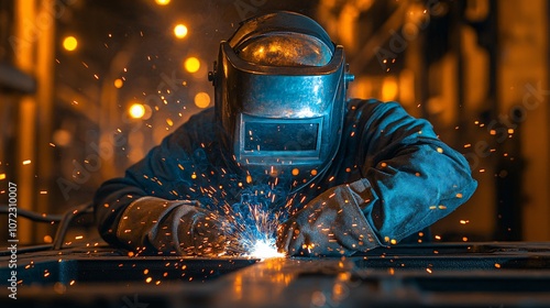 Welder working with welding machine
