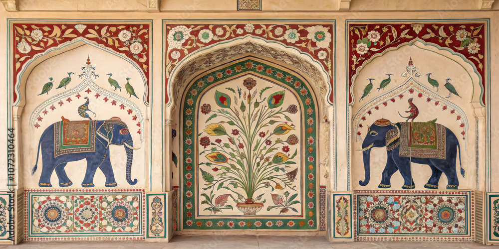 Symmetrical wall backdrop with elephant motifs and floral designs Symmetrical wall backdrop with elephant motifs and floral designs