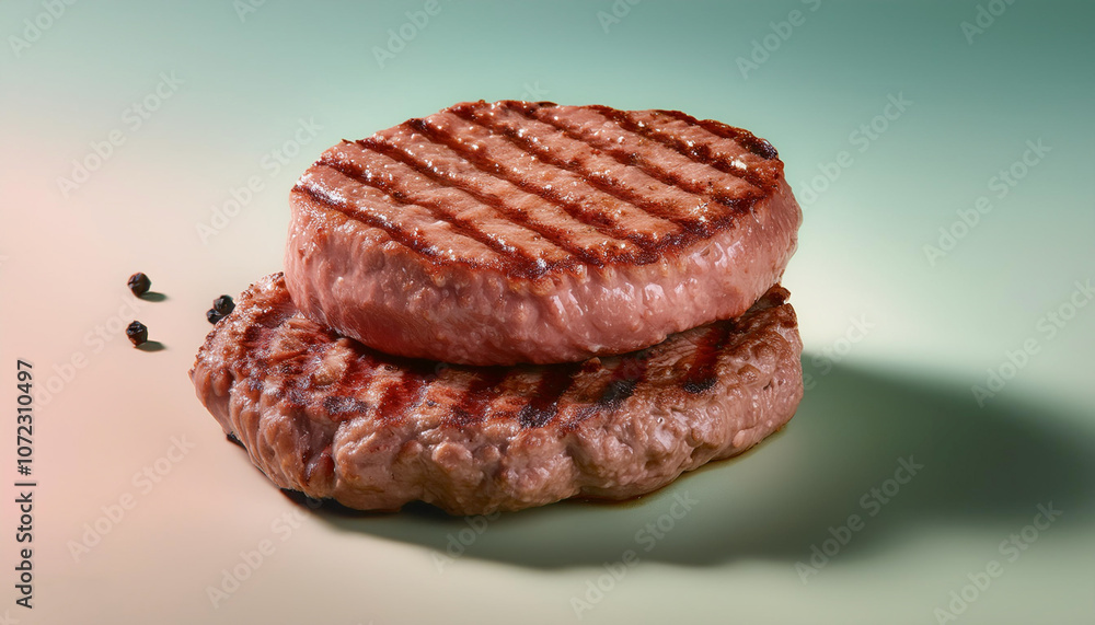 perfectly grilled hamburger patties with grill marks, isolated on a Pastel perfectly grilled hamburger patties with grill marks, isolated on a Pastel