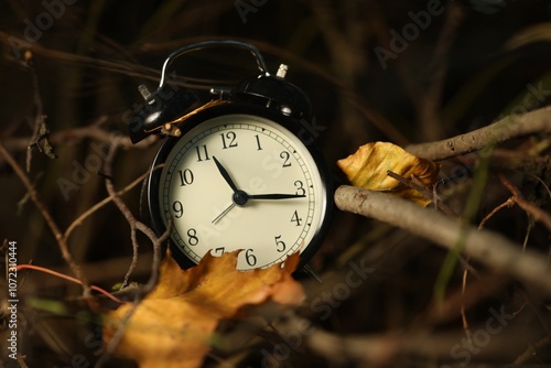 Wallpaper Mural Alarm clock on dry branches outdoors, closeup Torontodigital.ca