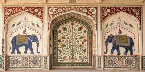 Wallpaper Mural Symmetrical wall backdrop with elephant motifs and floral designs Torontodigital.ca