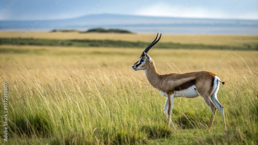 Gazelle standing gracefully in tall grasslands during golden hour at the savannah. Generative AI Gazelle standing gracefully in tall grasslands during golden hour at the savannah. Generative AI