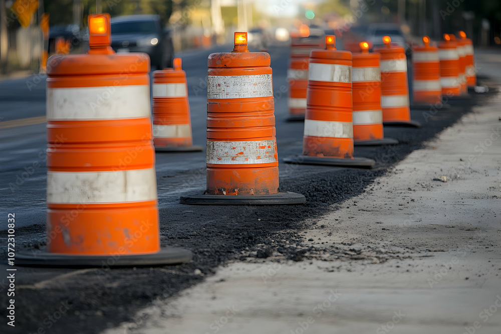 Bright orange traffic cones line the street, indicating an active construction zone at dawn Bright orange traffic cones line the street, indicating an active construction zone at dawn