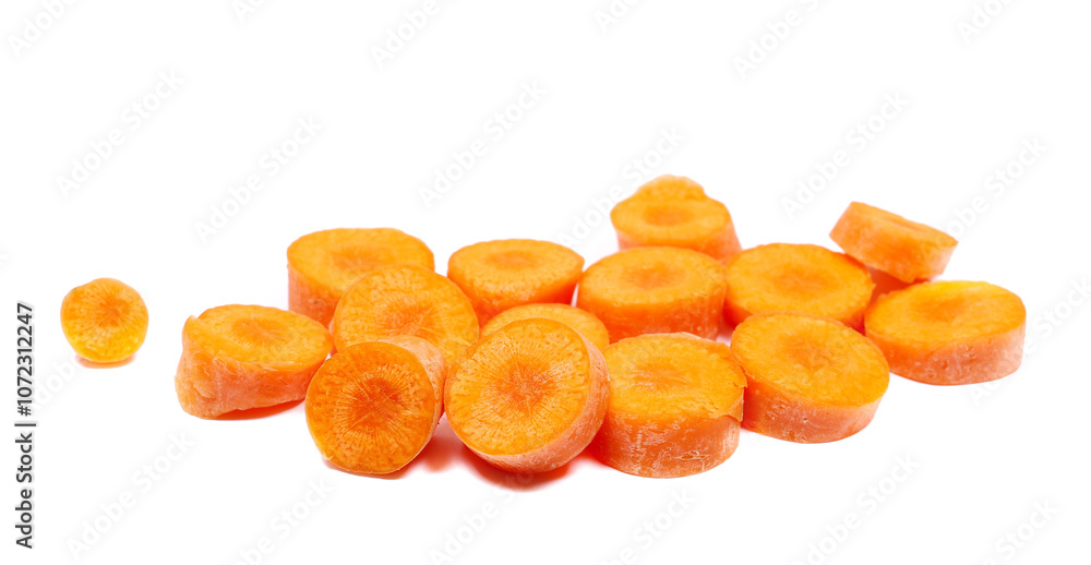Fresh carrot slices isolated on white, side view, clipping Fresh carrot slices isolated on white, side view, clipping