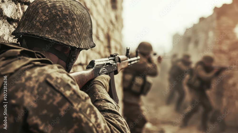 Fototapeta premium US soldiers taking cover behind a destroyed wall, aiming rifles towards enemy positions during WWII