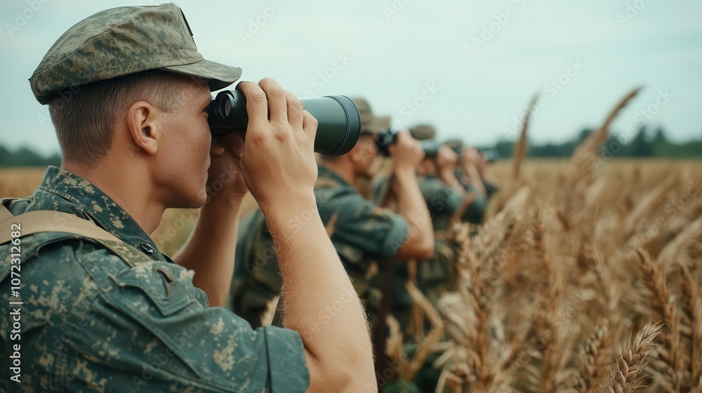 Soviet troops using binoculars to survey a distant enemy position, tense wartime atmosphere Soviet troops using binoculars to survey a distant enemy position, tense wartime atmosphere