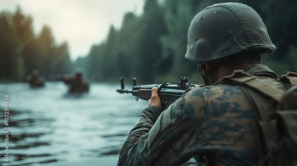 Fototapeta premium US Army infantry crossing a river, assaulting a German position, dramatic action in WWII