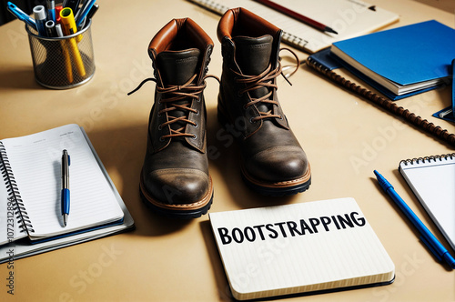 A pair of brown leather boots and whiteboard with the text word 