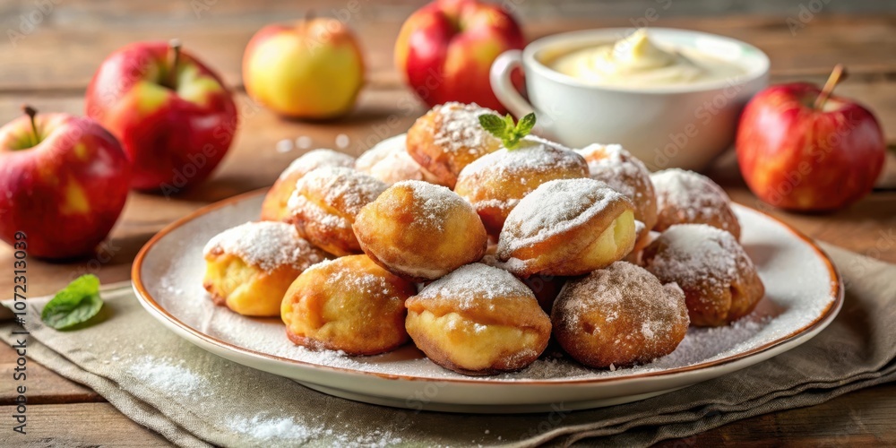 A plate of sweet, golden fried dough balls coated in powdered sugar, surrounded by fresh red apples, creating a delightful autumnal treat. A plate of sweet, golden fried dough balls coated in powdered sugar, surrounded by fresh red apples, creating a delightful autumnal treat.